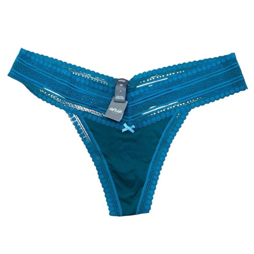 Aerie aqua blue thong panties lace and satin size large